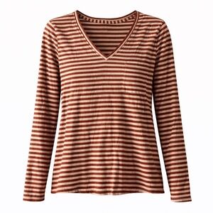 Garnet Hill 100% Organic Pima Cotton Striped V-Neck Top Rust Blush Long Sleeve M